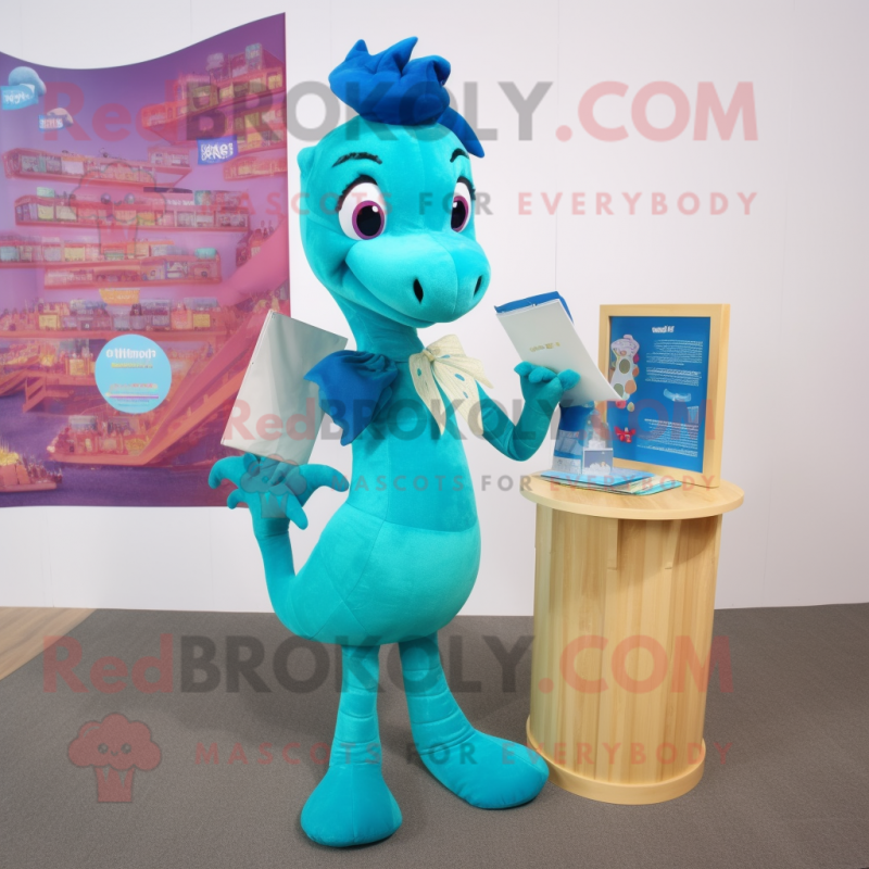 Cyan Seahorse mascot costume character dressed with a Pencil Skirt and Wallets