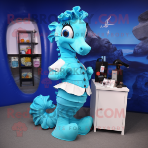 Cyan Seahorse mascot costume character dressed with a Pencil Skirt and Wallets