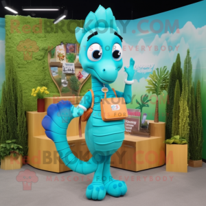 Cyan Seahorse mascot costume character dressed with a Pencil Skirt and Wallets