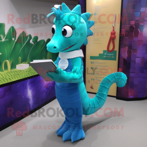 Cyan Seahorse mascot costume character dressed with a Pencil Skirt and Wallets