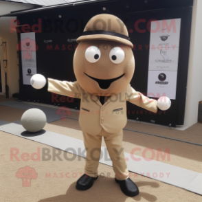 Tan Petanque Ball mascot costume character dressed with a Suit Pants and Berets