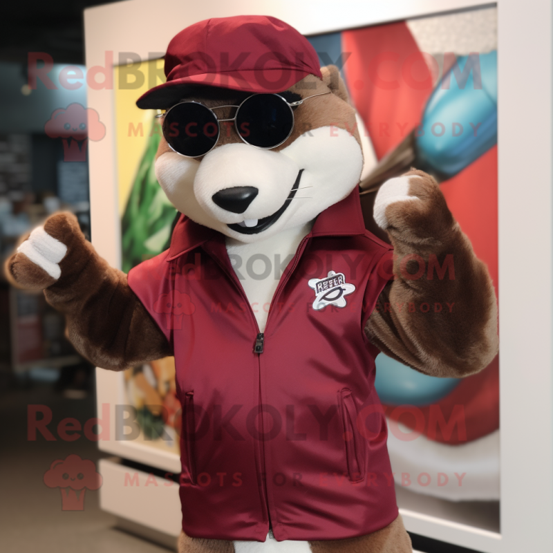 Maroon Weasel mascot costume character dressed with a Bomber Jacket and Headbands