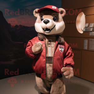 Maroon Weasel mascot costume character dressed with a Bomber Jacket and Headbands