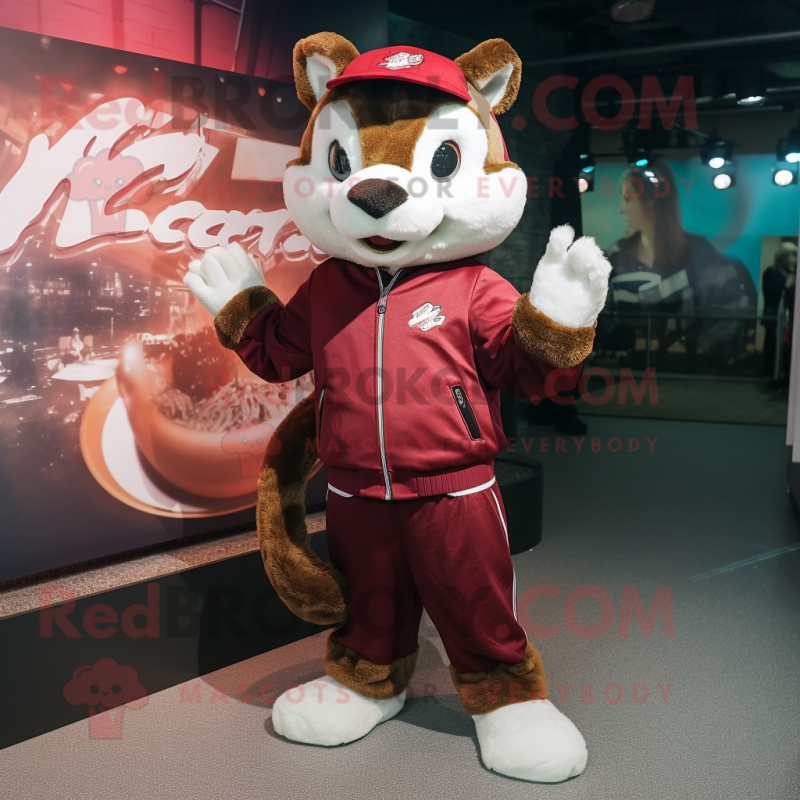 Maroon Weasel mascot costume character dressed with a Bomber Jacket and Headbands