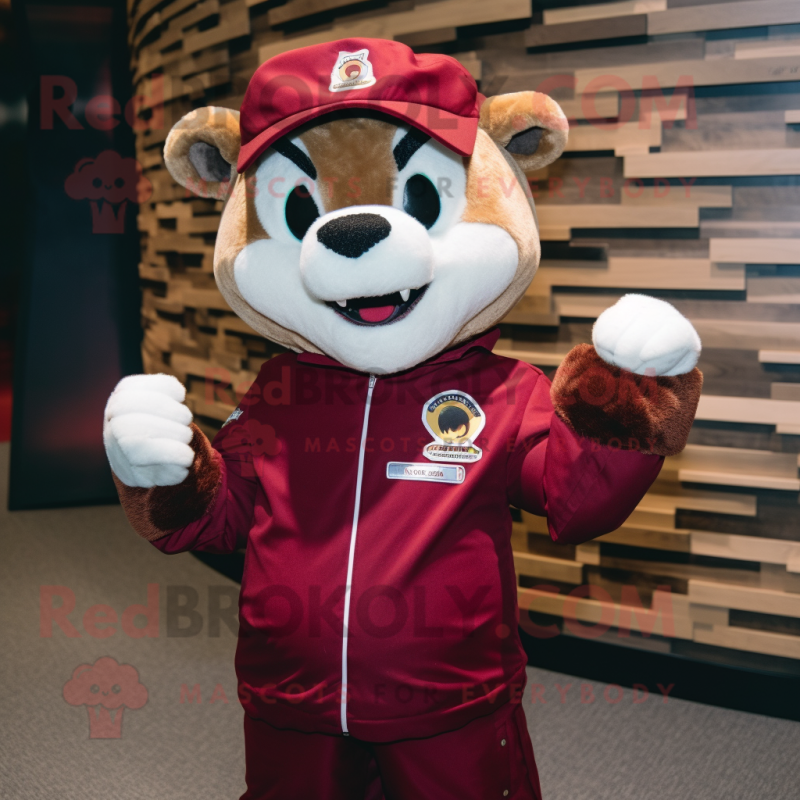 Maroon Weasel mascot costume character dressed with a Bomber Jacket and Headbands