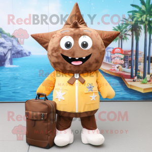 Brown Starfish mascot costume character dressed with a Parka and Tote bags