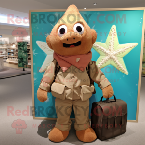 Brown Starfish mascot costume character dressed with a Parka and Tote bags