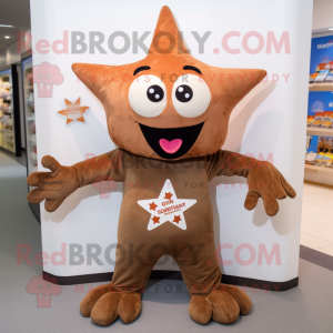 Brown Starfish mascot costume character dressed with a Parka and Tote bags