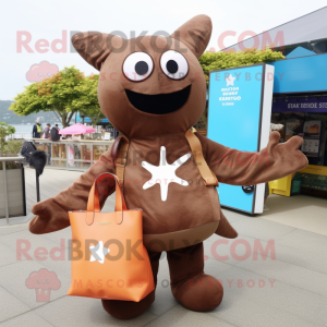 Brown Starfish mascot costume character dressed with a Parka and Tote bags
