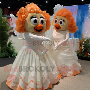 Tan Clown Fish mascot costume character dressed with a Wedding Dress and Earrings