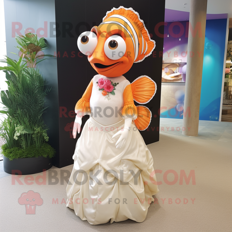 Tan Clown Fish mascot costume character dressed with a Wedding Dress and Earrings