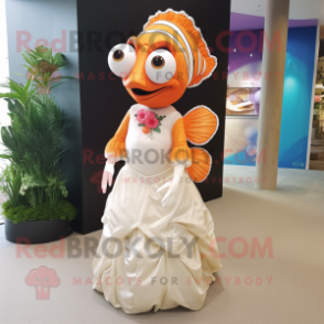 Tan Clown Fish mascot costume character dressed with a Wedding Dress and Earrings