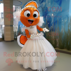 Tan Clown Fish mascot costume character dressed with a Wedding Dress and Earrings