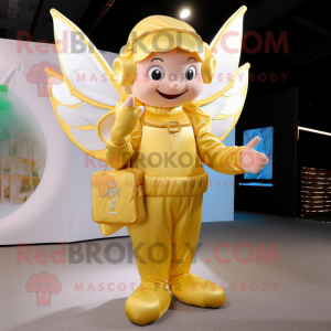 Gold Tooth Fairy mascot costume character dressed with a Jumpsuit and Messenger bags