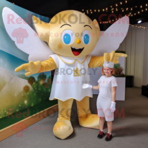 Gold Tooth Fairy mascot costume character dressed with a Jumpsuit and Messenger bags