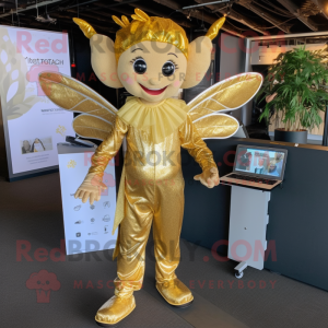 Gold Tooth Fairy mascot costume character dressed with a Jumpsuit and Messenger bags