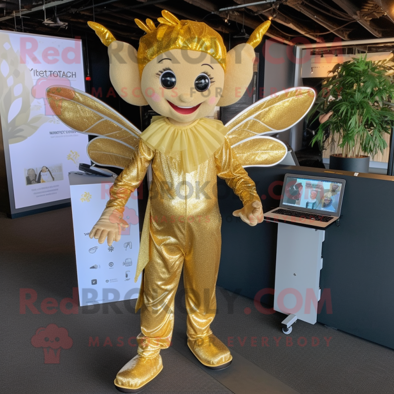 Gold Tooth Fairy mascot costume character dressed with a Jumpsuit and Messenger bags Gold Tooth Fairy mascot costume character dressed with a Jumpsuit and Messenger bags