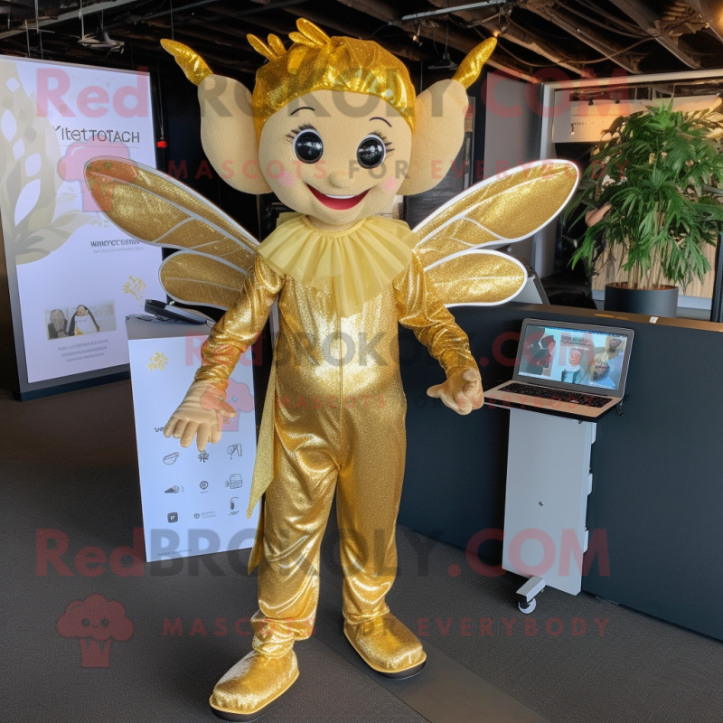 Gold Tooth Fairy mascot costume character dressed with a Jumpsuit and Messenger bags