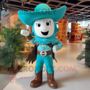 Turquoise Cowboy mascot costume character dressed with a Leggings and Backpacks