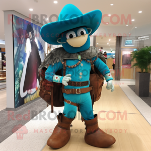 Turquoise Cowboy mascot costume character dressed with a Leggings and Backpacks