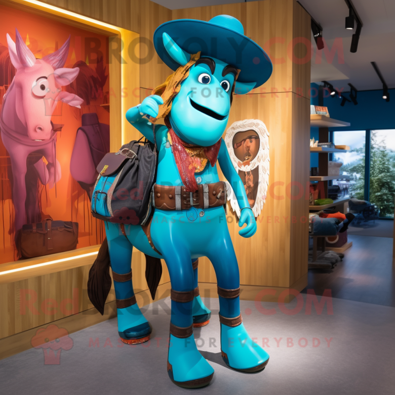 Turquoise Cowboy mascot costume character dressed with a Leggings and Backpacks