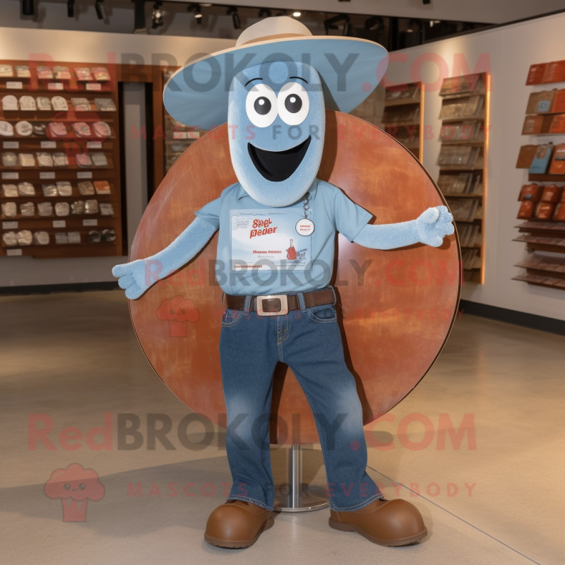 Rust Plate Spinner mascot costume character dressed with a Chambray Shirt and Keychains Rust Plate Spinner mascot costume character dressed with a Chambray Shirt and Keychains
