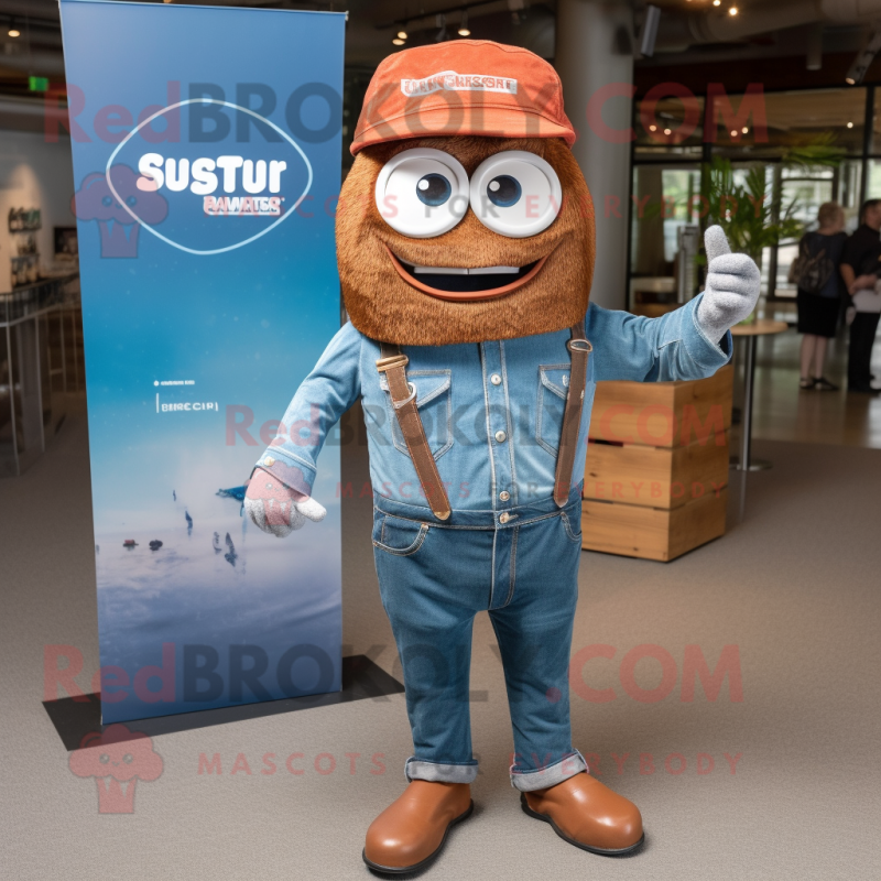 Rust Plate Spinner mascot costume character dressed with a Chambray Shirt and Keychains Rust Plate Spinner mascot costume character dressed with a Chambray Shirt and Keychains