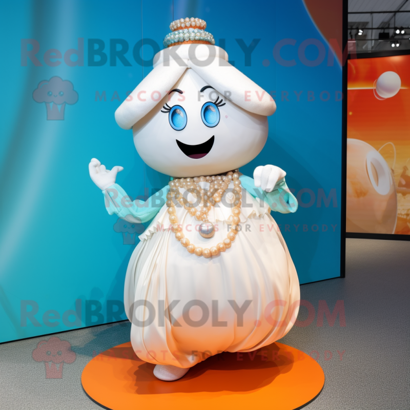 Cream Mandarin mascot costume character dressed with a Skirt and Necklaces