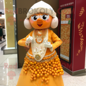 Cream Mandarin mascot costume character dressed with a Skirt and Necklaces