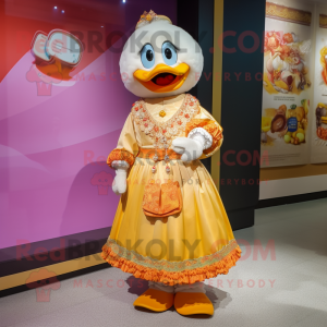 Cream Mandarin mascot costume character dressed with a Skirt and Necklaces