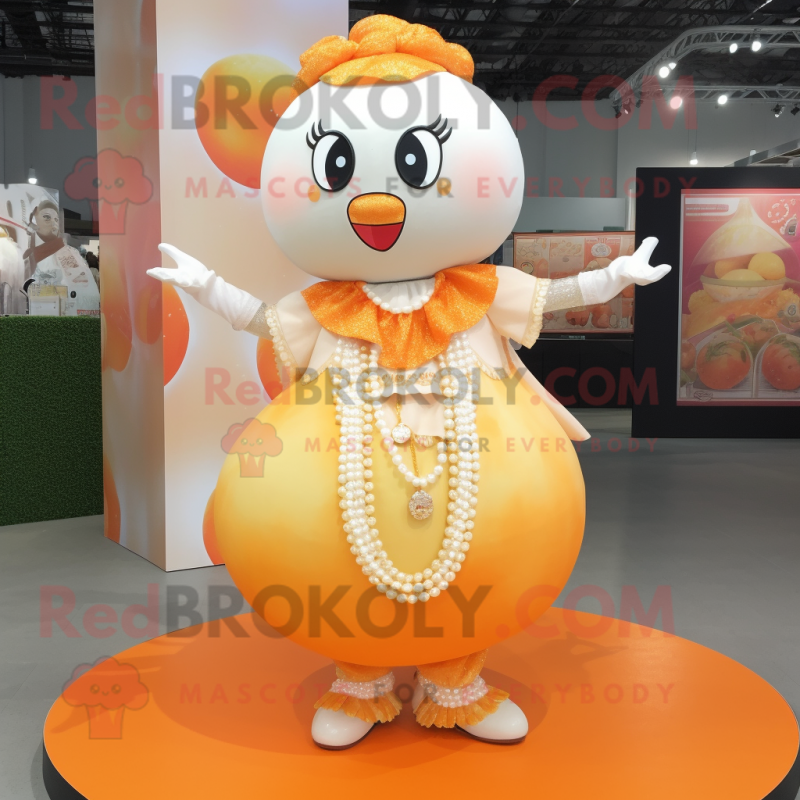 Cream Mandarin mascot costume character dressed with a Skirt and Necklaces Cream Mandarin mascot costume character dressed with a Skirt and Necklaces