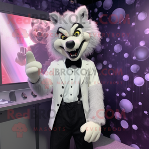 White Werewolf mascot costume character dressed with a Tuxedo and Headbands