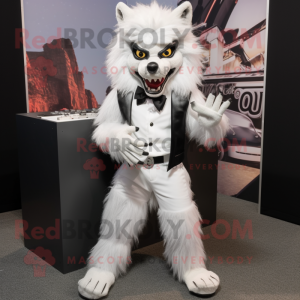 White Werewolf mascot costume character dressed with a Tuxedo and Headbands