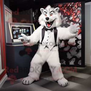 White Werewolf mascot costume character dressed with a Tuxedo and Headbands