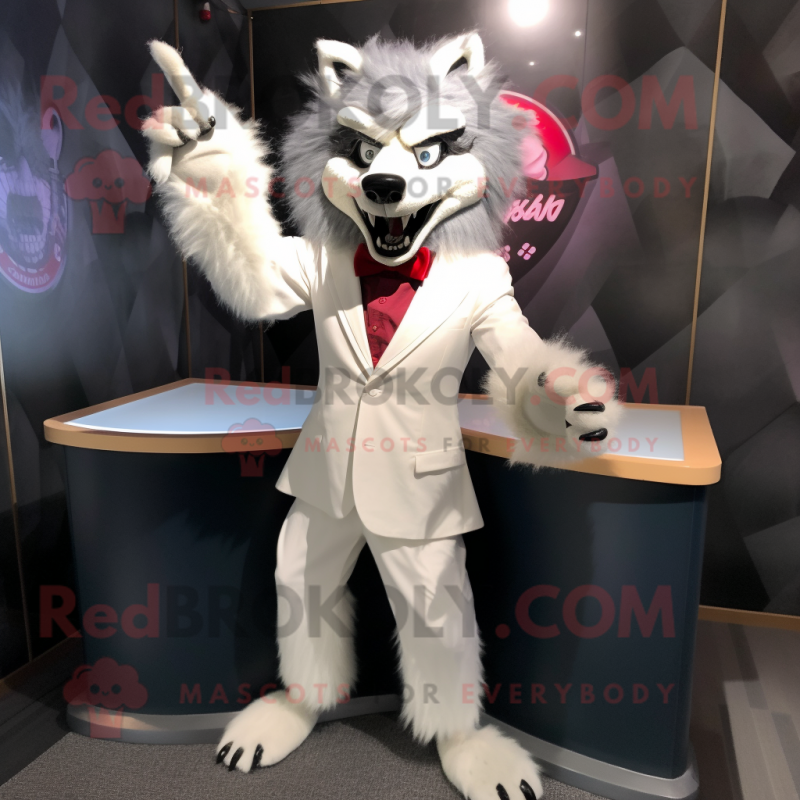 White Werewolf mascot costume character dressed with a Tuxedo and Headbands White Werewolf mascot costume character dressed with a Tuxedo and Headbands