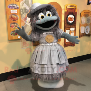 Gray Jambalaya mascot costume character dressed with a Skirt and Coin purses