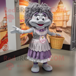 Gray Jambalaya mascot costume character dressed with a Skirt and Coin purses