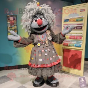 Gray Jambalaya mascot costume character dressed with a Skirt and Coin purses