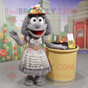 Gray Jambalaya mascot costume character dressed with a Skirt and Coin purses