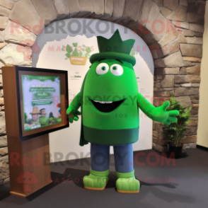 Forest Green Irish Castle mascot costume character dressed with a Jeans and Earrings