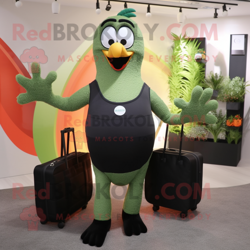 Olive Peacock mascot costume character dressed with a Yoga Pants and Briefcases