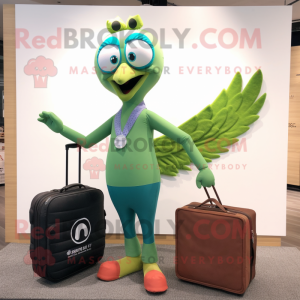 Olive Peacock mascot costume character dressed with a Yoga Pants and Briefcases