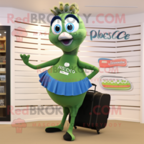 Olive Peacock mascot costume character dressed with a Yoga Pants and Briefcases