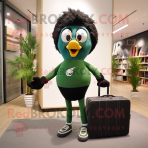 Olive Peacock mascot costume character dressed with a Yoga Pants and Briefcases