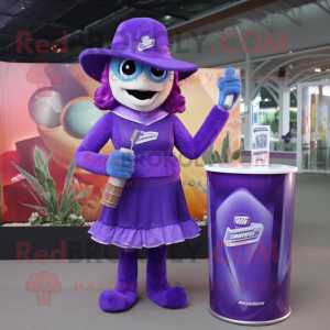 Purple Ice Hockey Stick mascot costume character dressed with a Cocktail Dress and Hats