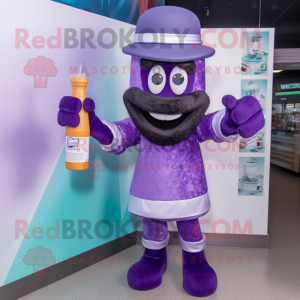Purple Ice Hockey Stick mascot costume character dressed with a Cocktail Dress and Hats