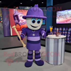 Purple Ice Hockey Stick mascot costume character dressed with a Cocktail Dress and Hats