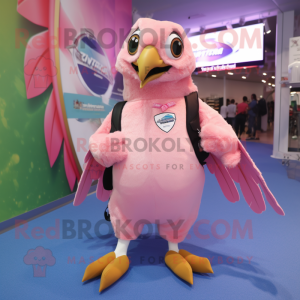 Pink Falcon mascot costume character dressed with a Dress and Backpacks