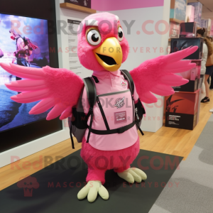Pink Falcon mascot costume character dressed with a Dress and Backpacks