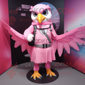 Pink Falcon mascot costume character dressed with a Dress and Backpacks